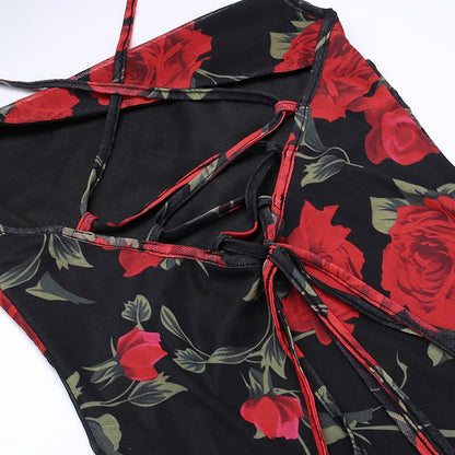 Flowers Print Spaghetti Strap Dresses Women Temperament Package Hip Bodycon Long