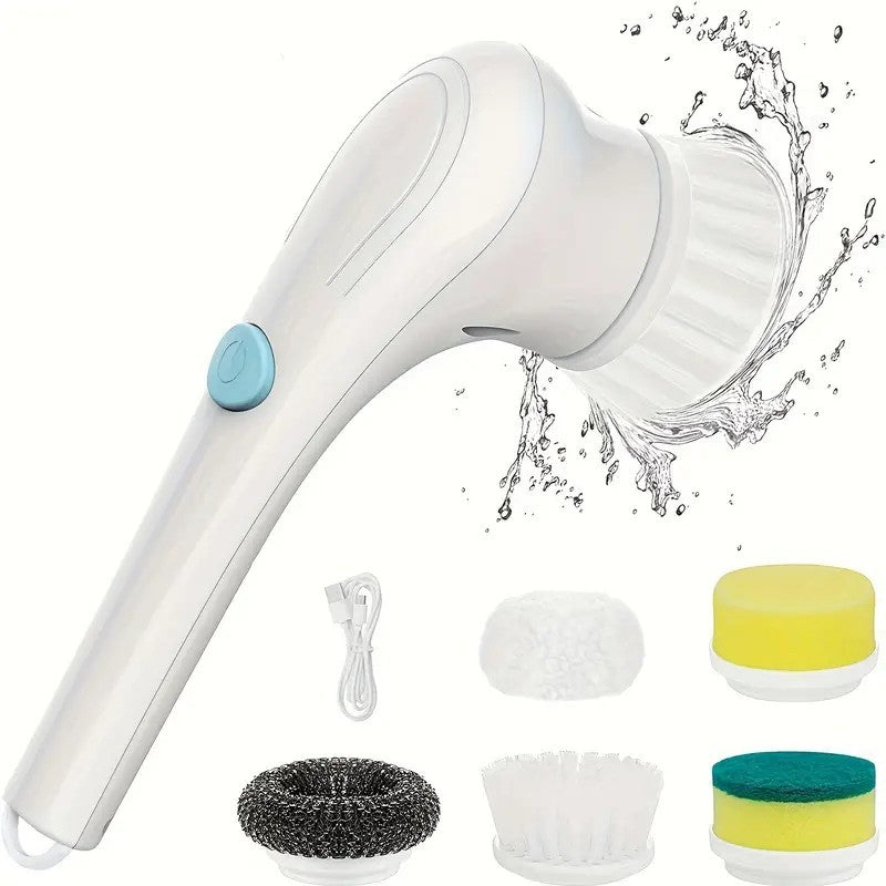 Cordless Handheld Scrubber with 5 Interchangeable Brush Heads, Rechargeable Rotating Cleaning Brush for Bathrooms, Kitchens, Flo