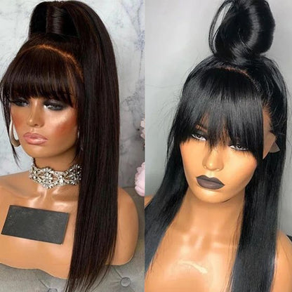 Peruca Full Lace Frontal 360 com Franja Lisa, Peruca Frontal de Renda Cabelo Humano Cru Com Franja, Perucas Brasileiras Sem Cola em Promoção/Liquidação