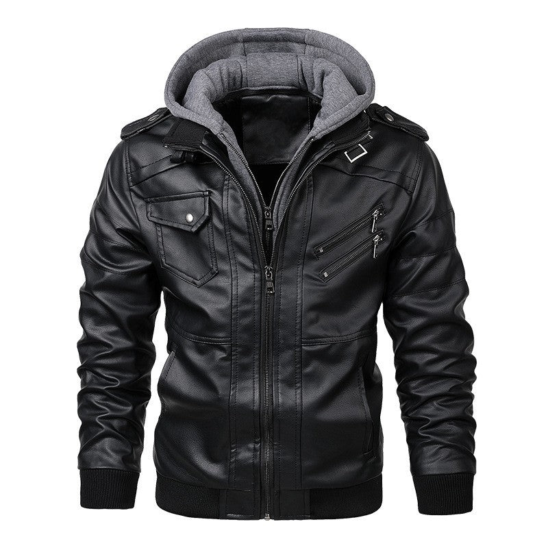 Men Jackets Fake Two Leather Jacket Double Zipper Removable Hooded Biker Leather Coat Male Cardigan Overcoat