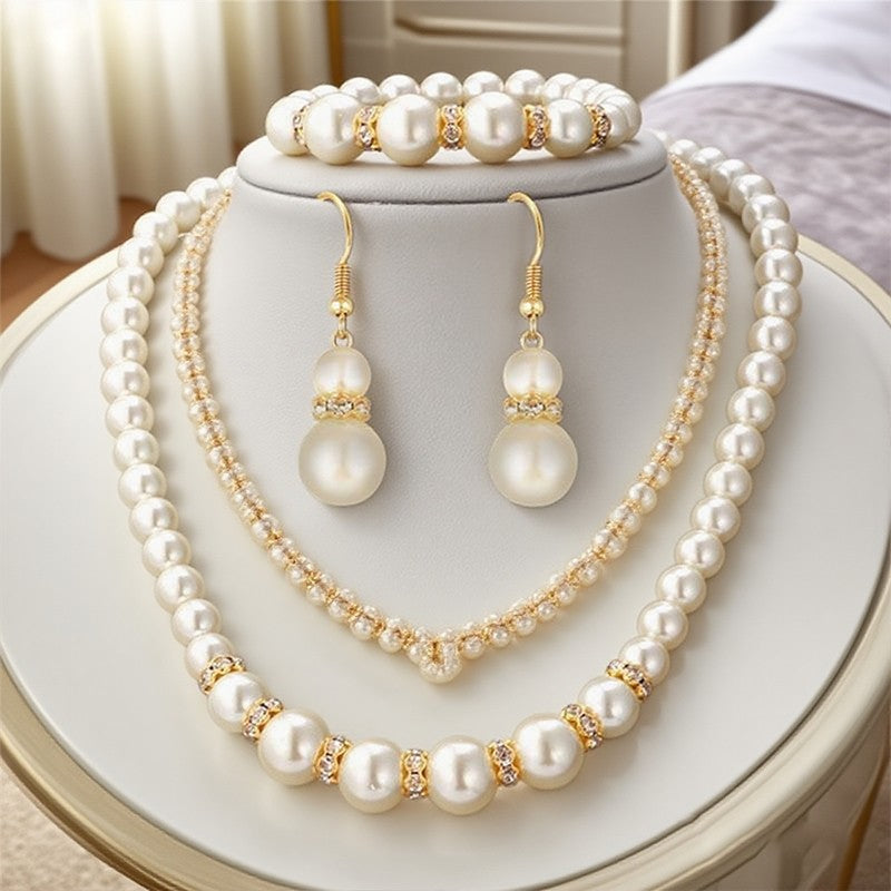 Conjunto 3 em 1 Elegante Colar, Brincos e Pulseira de Pérolas Simuladas Colar Longo Joias de Casamento para Noivas Presente