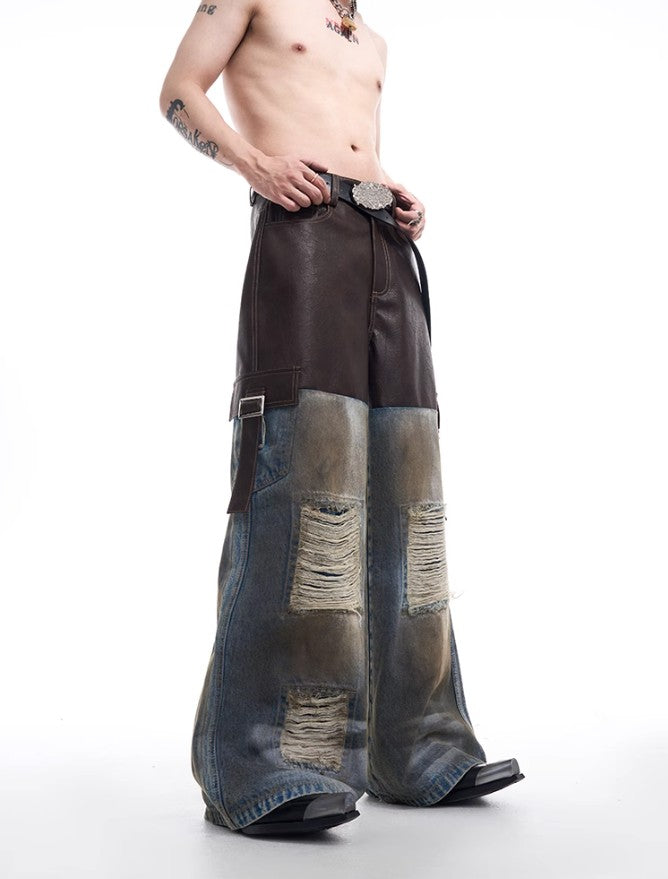 2024 American vintage do old piece-leather destruction denim jacket men fall dirty jacket