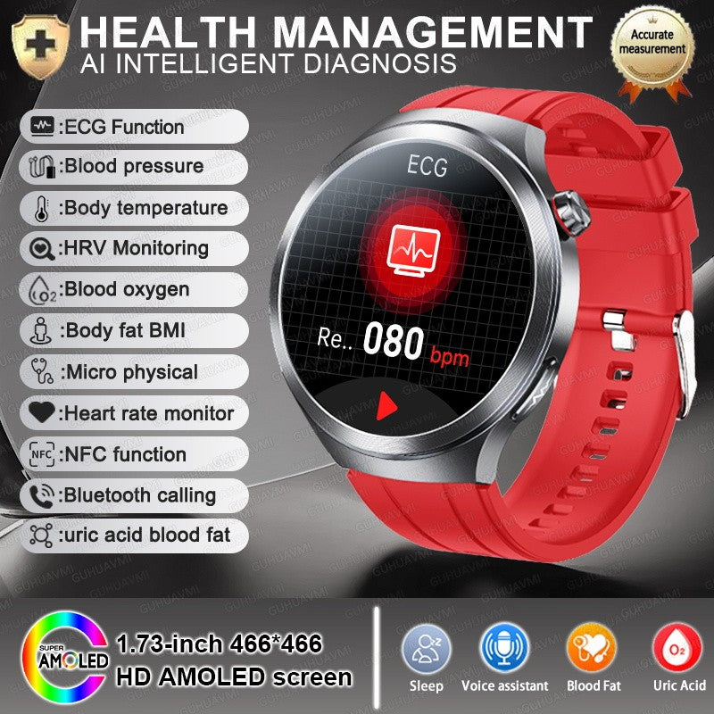 Relógio Inteligente Smartwatch Masculino 2026 Health Tracker com Safira e Medição de Ácido Úrico, Gordura Sanguínea, Pressão Arterial e ECG+PPG com Análise Corporal