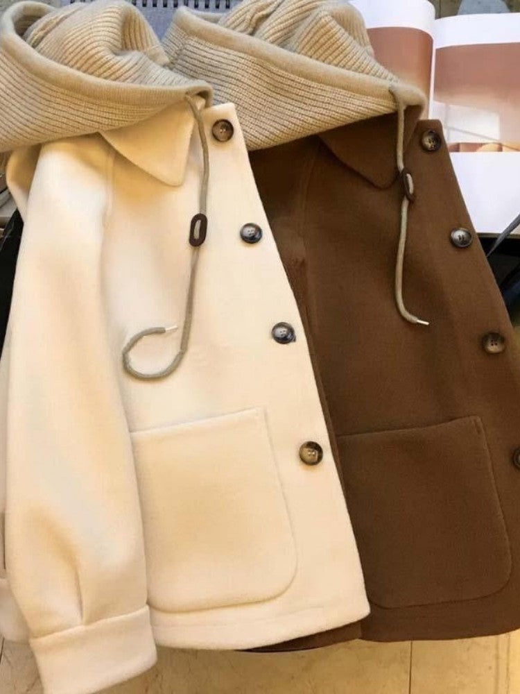 Women's Autumn Winter New Hooded Woolen Jacket New Woolen Coat Style Petite Cropped Thickened Feeling Short Style Overcoat