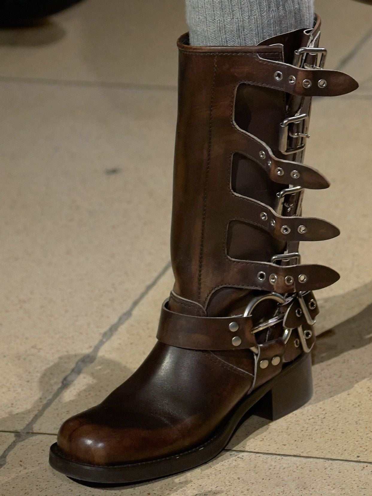 Arden Furtado 2025 Genuine Leather Platform Rivet Motorcycle boots Round toe Belt buckle Block heel mid wide calf Western boots