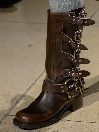 Arden Furtado 2025 Genuine Leather Platform Rivet Motorcycle boots Round toe Belt buckle Block heel mid wide calf Western boots