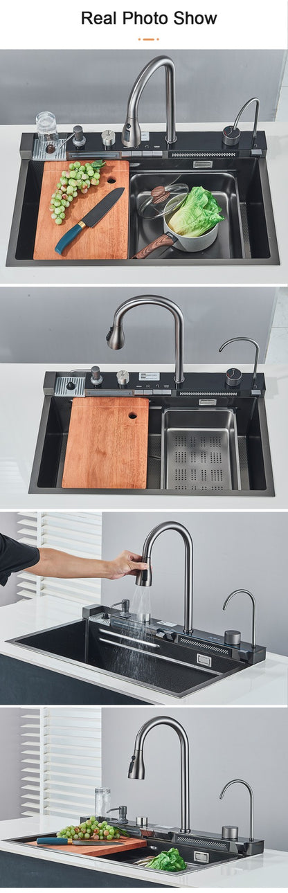 304 Stainless Steel Kitchen Sink with Digital Display Waterfall Faucet, Multifunctional 75*45cm Large Single Slot Whale Sink