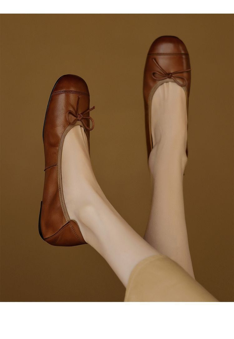 Mary Jane Women Loafers Hand Stitch Casual Streetwear Ballet Flats Soft Sole Solid Color Women Shoes Comfy Round Head Bow Shoes