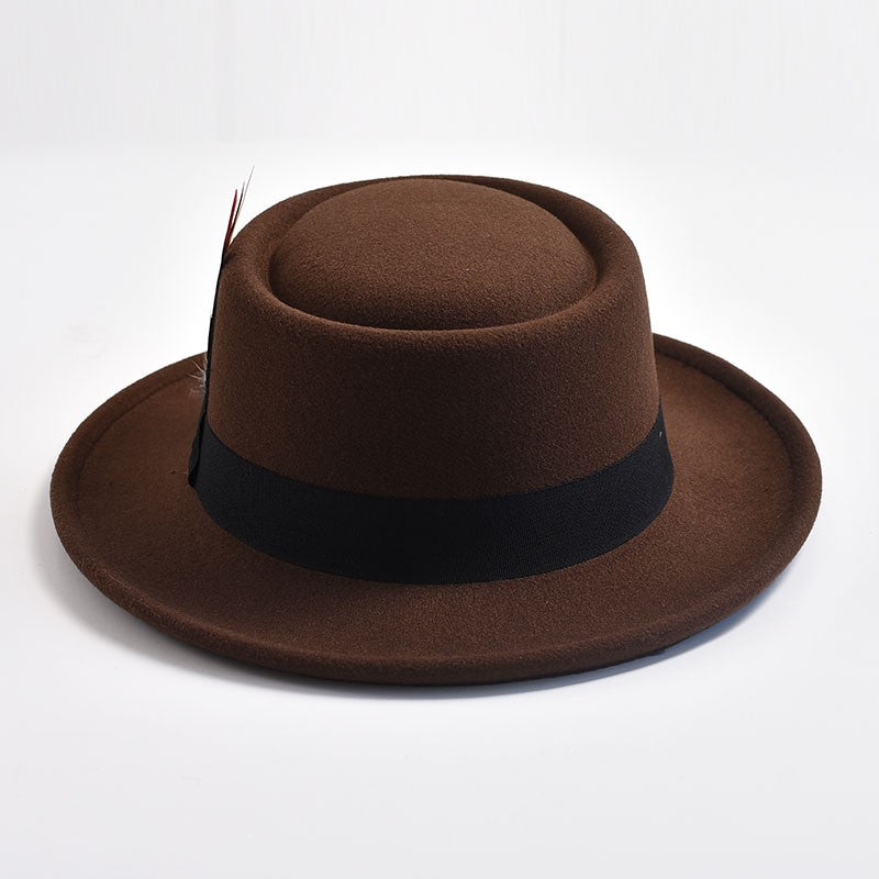 NEW Vintage Pork Pie Hat Mens Rolled Brim Felt Fedora Hat with Feather Gentleman Church Cap Trilby Jazz Hats