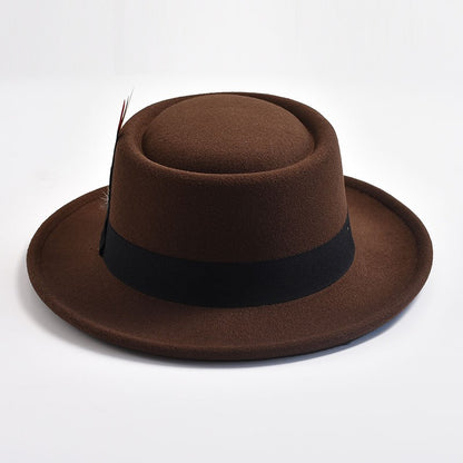 NEW Vintage Pork Pie Hat Mens Rolled Brim Felt Fedora Hat with Feather Gentleman Church Cap Trilby Jazz Hats