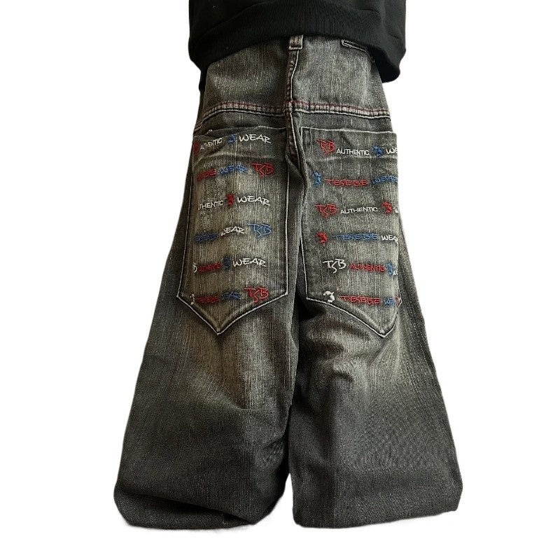 Streetwear Oversize Pocket Letter Embroidered Loose Jeans Women Y2K Vintage Hip Hop Pop Casual Wide-leg Pants Men And Women Wear