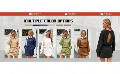 Sexy Women Long Sleeve Active Dress Mid-Calf Elastic Waist Pleated Backless Keyhole Workout Dress With Built In Shorts