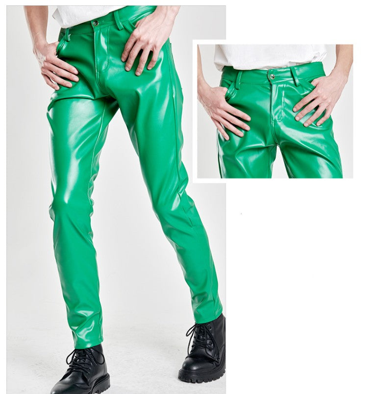 New Men Solid Color Slim Fit Faux Leather Pants Green / White / Black Homme Bar KTV High Street Biker Trousers