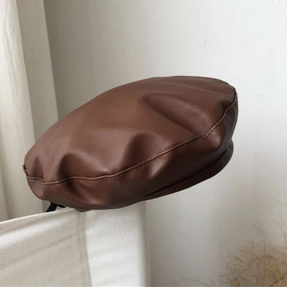 Women Girl Beret Hat French Retro Artist Beanie Hat Elegant Solid Color PU Leather Lady Painter Cap Spring Autumn Lady Berets
