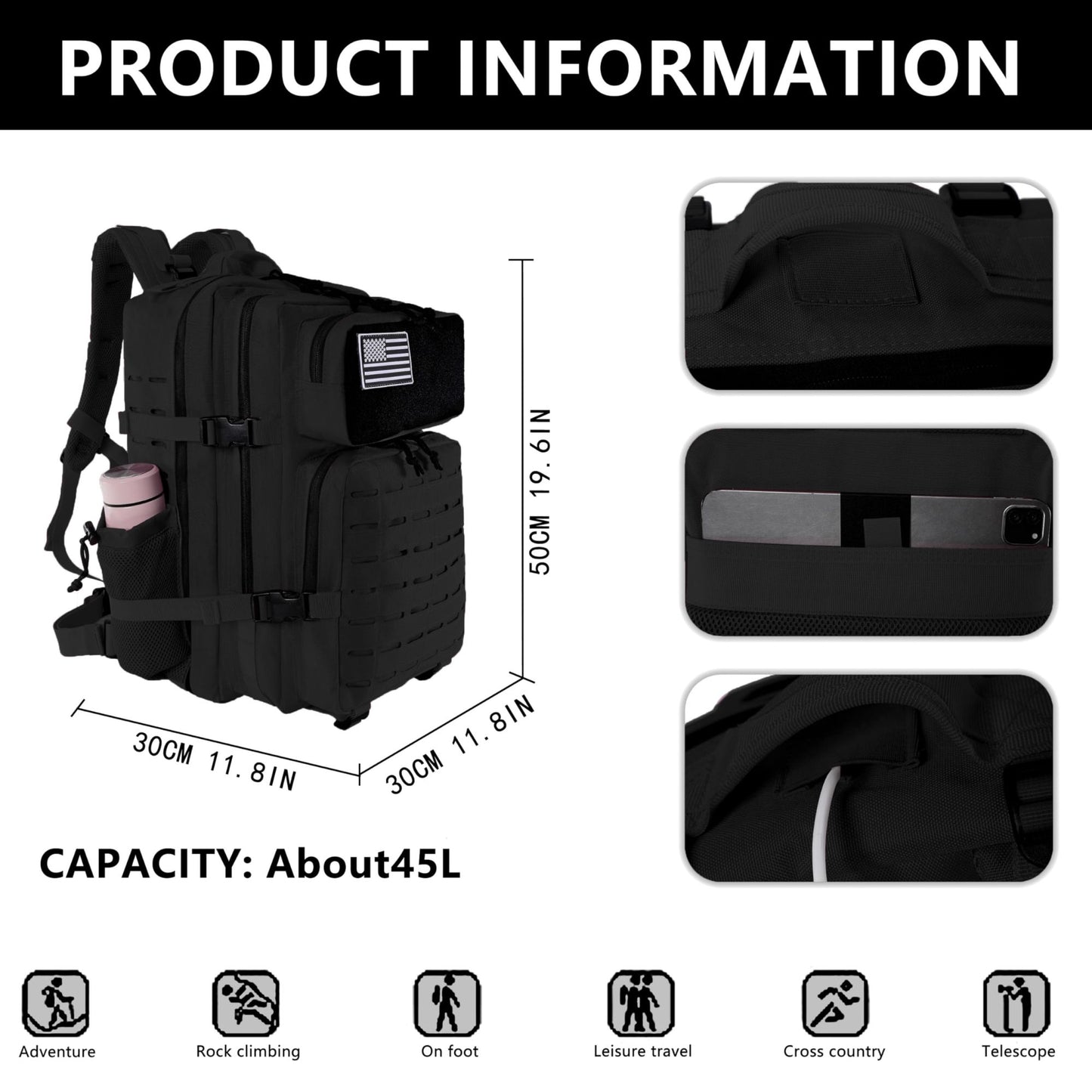 45L Men's Outdoor backpack Molle Backpack Hiking Backpack with bottle Stand Outdoor Hiking bag Fitness Backpack