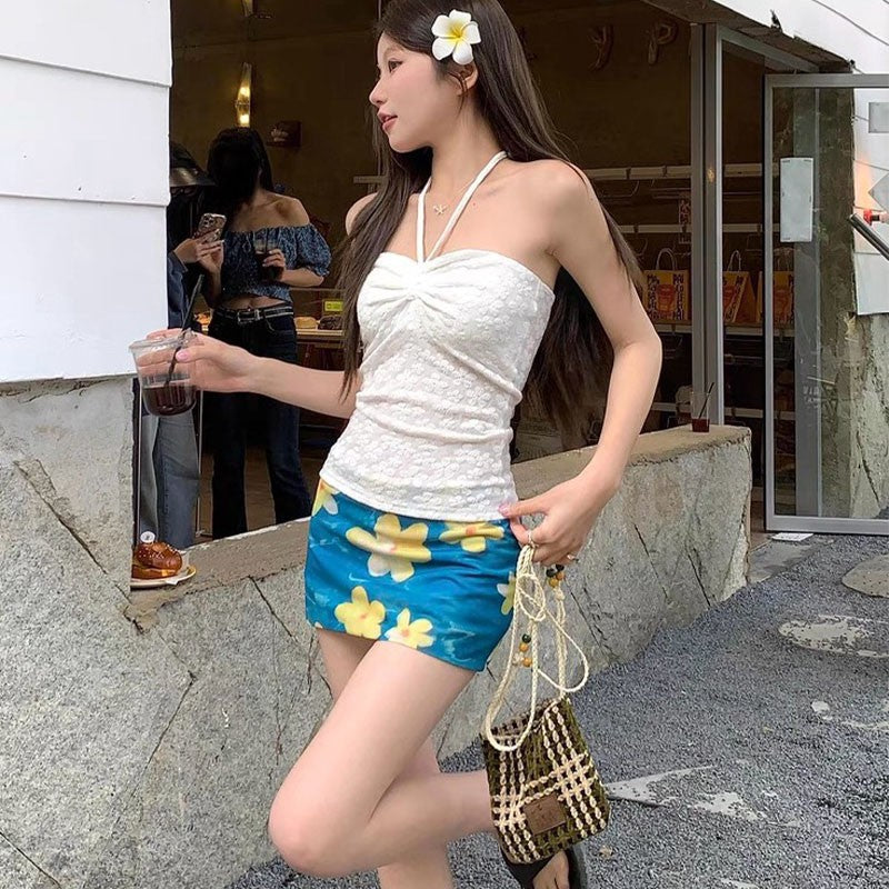 French Drawstring Blue Floral Tube Top Women Separate Swimwear Set Coastal Summer Vacation Beach Holiday Swimsuit for Girl