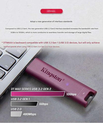 Pen drive Kingston SSD USB 3.2, transferência de alta velocidade, grande capacidade. [USB 3.2] Velocidade de leitura 1000 MB/s, velocidade de gravação 900 MB/s.