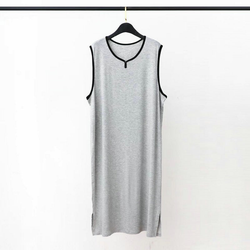 Modal Cotton Men Plus Size Pajamas Night Gown for Summer Solid Color Thin Sleeveless Medium Long Loose Button Vest Style Dress