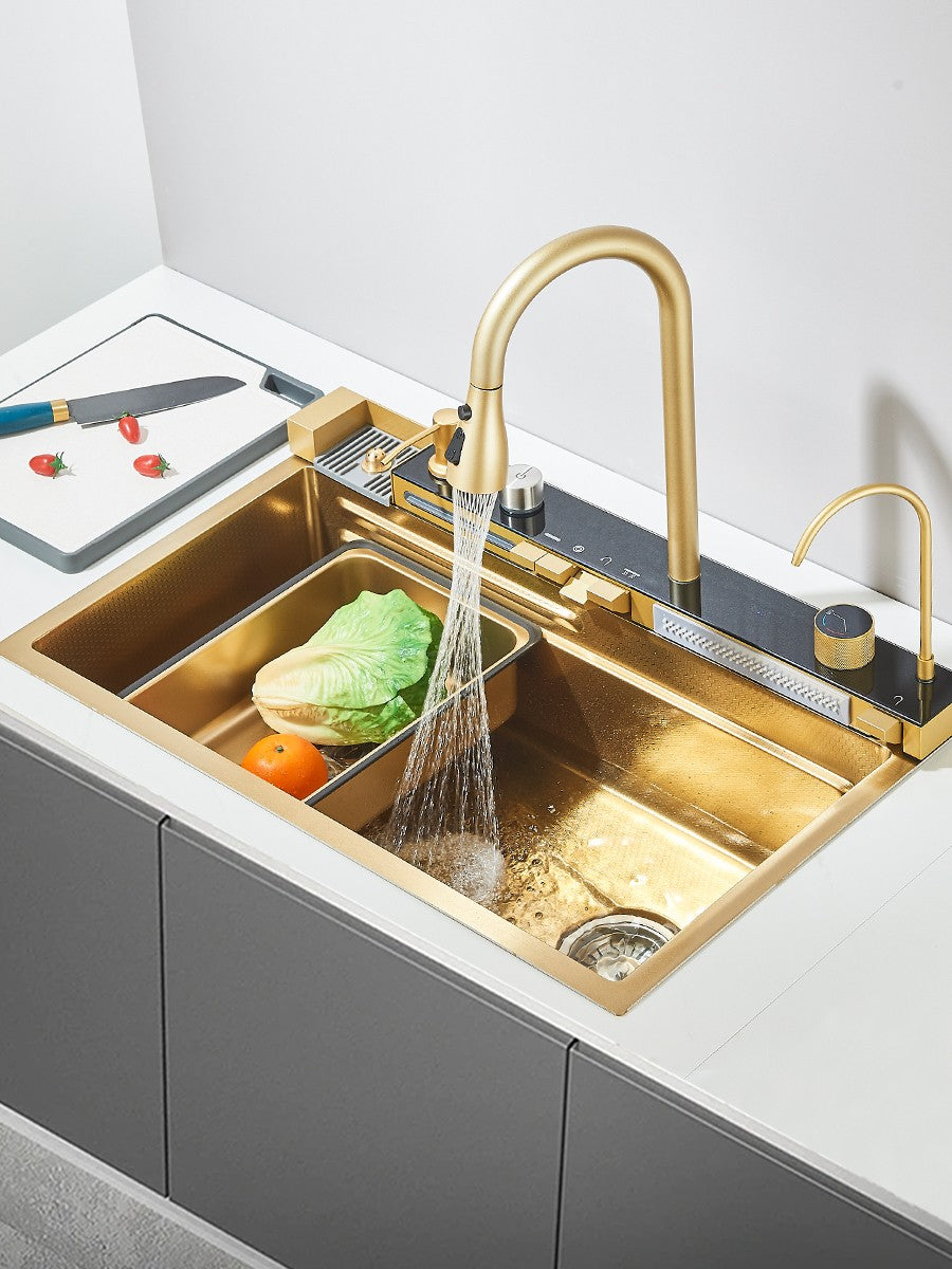 Large 304 Kitchen Sinks 75x45cm Stainless Steel Kitchen Waterfall Sink Digital Display Large Single Sink Dish Washer Faucet