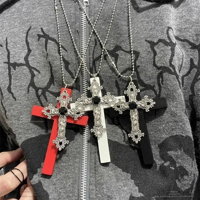 Personality Punk Trendy Cool Gothic Wood Cross Pendant NNecklace for Women Men Vintage Hip Hop Y2k Necklace Party Jewelry Gift