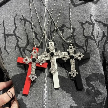 Personality Punk Trendy Cool Gothic Wood Cross Pendant NNecklace for Women Men Vintage Hip Hop Y2k Necklace Party Jewelry Gift