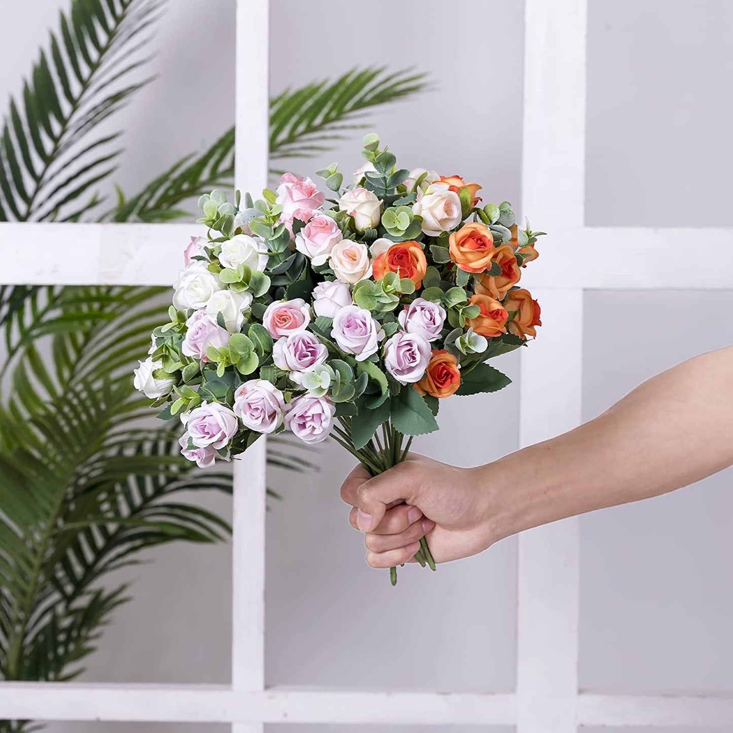 10 Heads pink Artificial Silk Rose Flowers Fake White Eucalyptus  Peony Flower Bouquet, for Home Wedding Party Garden Decoration