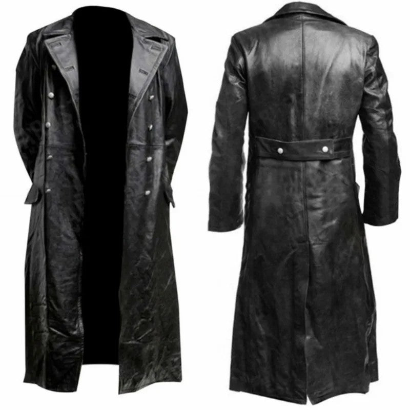 MEN'S GERMAN CLASSIC WW2 MILITARY UNIFORM OFFICER BLACK  LEATHER TRENCH COAT