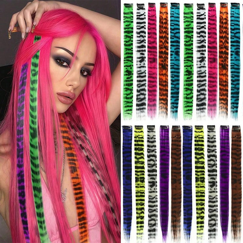 3Pcs Leopard Print Hair Extensions Synthetic Stripe Printed Hair Piece Colorful Long Straight Clip In Hair For Women Girls Party