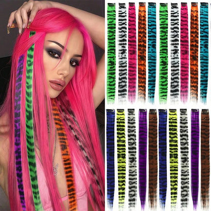 3Pcs Leopard Print Hair Extensions Synthetic Stripe Printed Hair Piece Colorful Long Straight Clip In Hair For Women Girls Party