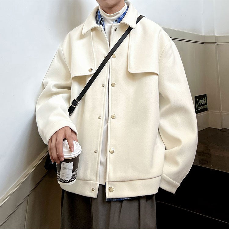 Winter Short Woolen Coat Men Warm Retro Thickened Woolen Jacket Men Streetwear Korean Loose Woolen Coat Mens Oversized Overcoat