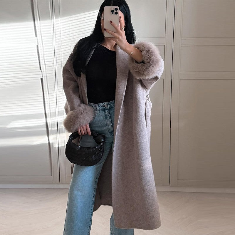 Elegant Faux Fur Cuffs Woolen Coat With Belt For Women Fashion Lapel Long Sleeve Lace Up Maxi Jacket Lady 2025 Autumn Outerwear