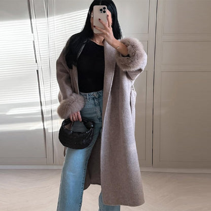 Elegant Faux Fur Cuffs Woolen Coat With Belt For Women Fashion Lapel Long Sleeve Lace Up Maxi Jacket Lady 2025 Autumn Outerwear