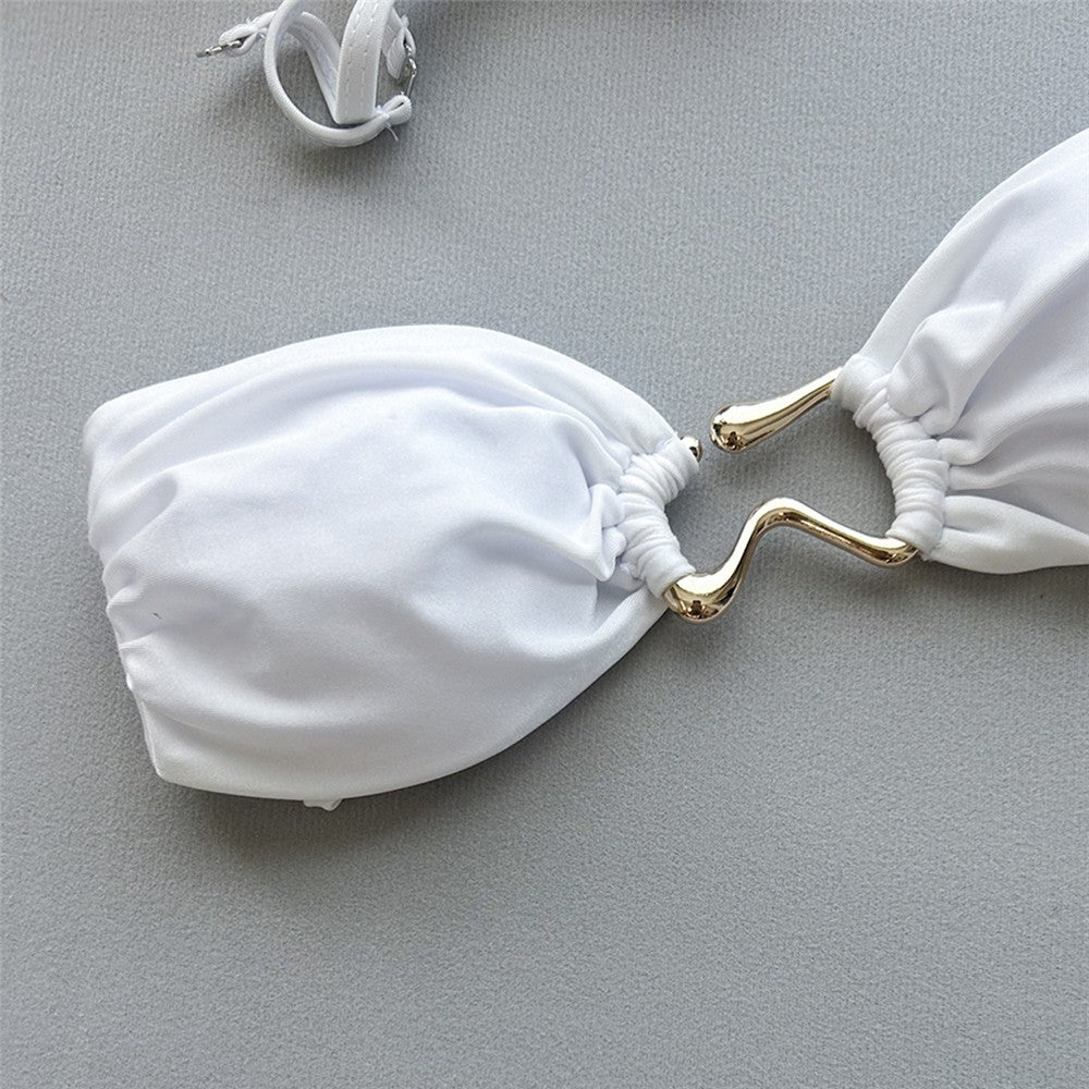 Solid Pink Bandeau Micro Bikini Thong Metal Ring Sexy Swimsuit Women Holiday Ladies Swimwear High Cut Bathing Suit Bikinis Sets