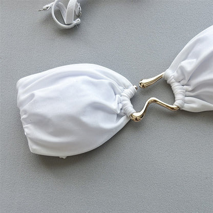 Solid Pink Bandeau Micro Bikini Thong Metal Ring Sexy Swimsuit Women Holiday Ladies Swimwear High Cut Bathing Suit Bikinis Sets