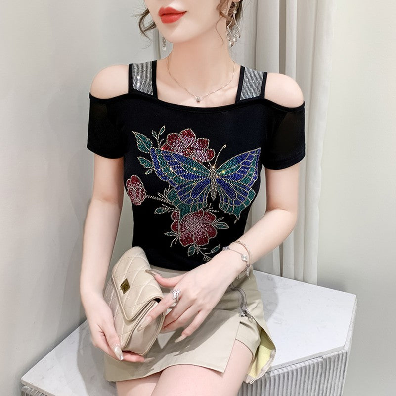 Summer New Fashion Cartoon T-shirt Chic Hollow Out Hot Diamonds Tees Sexy Off Shoulder Short Sleeve Women's Tops Blouse