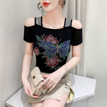 Summer New Fashion Cartoon T-shirt Chic Hollow Out Hot Diamonds Tees Sexy Off Shoulder Short Sleeve Women's Tops Blouse