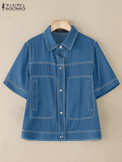 ZANZEA Women's Denim-Like Contrast-Stitch Shirts 2025 Fashion Turn-Down Collar Short Sleeve Button Up Shirt Streetwear Woman Top