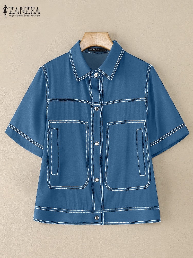 ZANZEA Women's Denim-Like Contrast-Stitch Shirts 2025 Fashion Turn-Down Collar Short Sleeve Button Up Shirt Streetwear Woman Top
