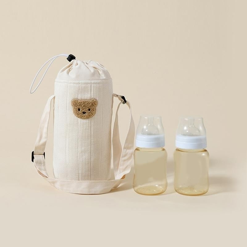 J15U Portable Baby Bottle Carrying Case Storage Bag for Easy Feeding Water Cup Organiser with Lovely Bear Embroidery