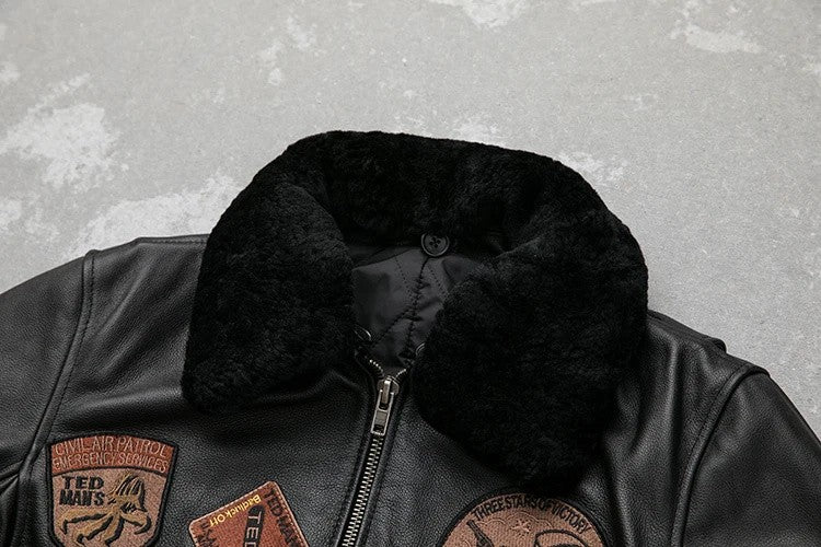 Detachable Natural Fur Collar Genuine Cowhide Men Leather Jacket Patches Flight Air Force Pilot Coat Winter Bomber