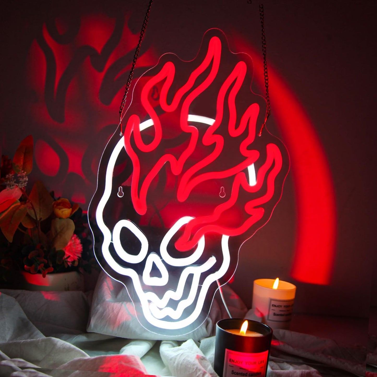 Paredes de Neon Chama de Crânio Decoradas com LEDs de Halloween Reguláveis, Alimentadas por USB, Decorações de Festa de Halloween para Caverna Masculina, Bar, Clube, Sala de Jogos