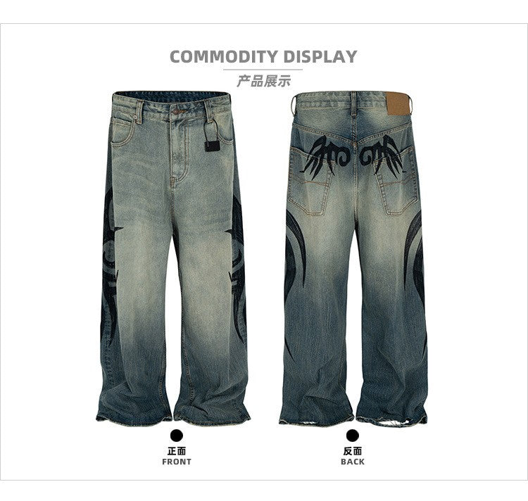 MIJKO New Retro Dragon Pattern Totem Print Bamboo Baggy Drawstring Washed Jeans For Men Women Denim Pants ZJ083