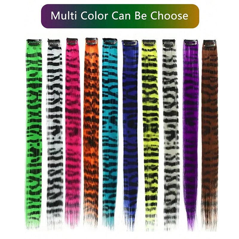 3Pcs Leopard Print Hair Extensions Synthetic Stripe Printed Hair Piece Colorful Long Straight Clip In Hair For Women Girls Party