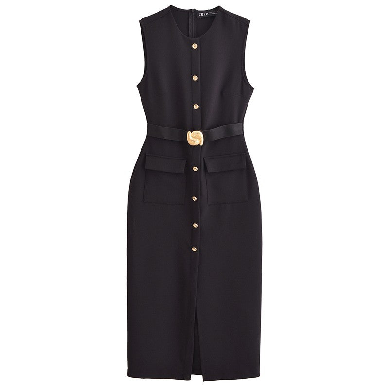 HXAO Womens Black Dresses Belt Long Dresses Summer 2025 Casual Women's Dresses M