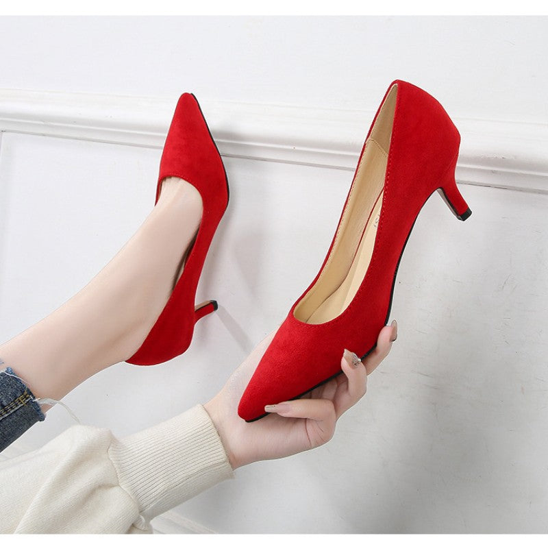 European American Fashionable Pointed High Heels Women With Rhinestone Bows Shallow Mouth Mid-Heeled Single Shoes Silk Satin