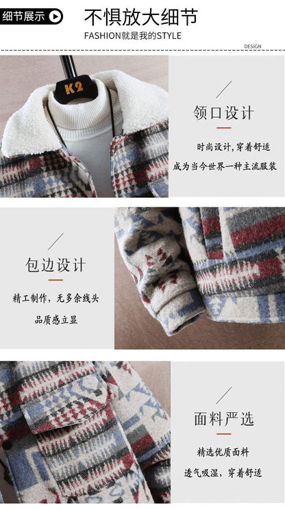 High-quality Woolen Jacket Men's Retro Print Casual Business Trench Coat Winter Keep Warm Short Overcoat Streetwear Men Clothing