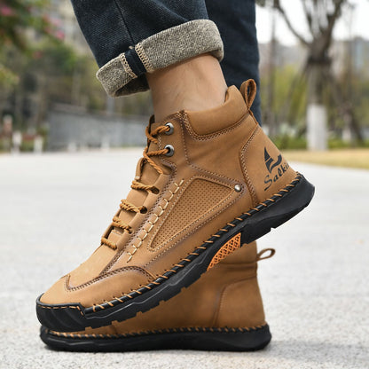 New Handmand Casual Leather Shoes Outdoor Men Boots Autumn Retro Breathable Casual Shoes Lace Up Blue Ankle Boots Winter Autumn