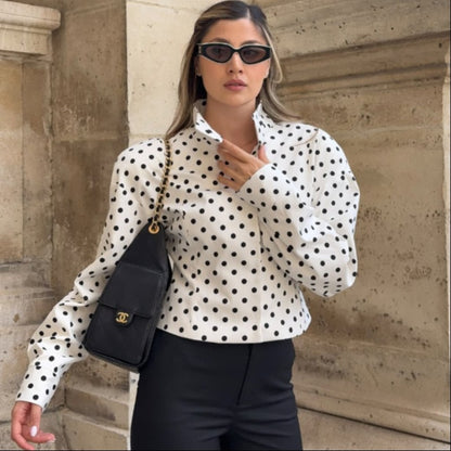 Polka Dot Stand Neck Short Jackets Women Fashion Long Sleeve Patchwork Contrast Slim Coats Casual Lady Street Commute Outerwear