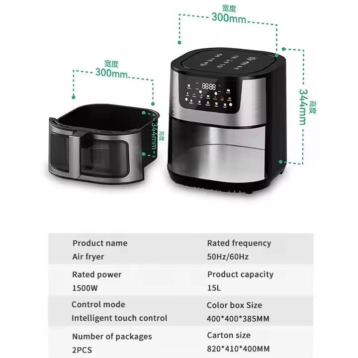Fritadeira de ar inteligente de tela sensível ao toque, grande capacidade de 15L, aço inoxidável, multifuncional digital comercial
