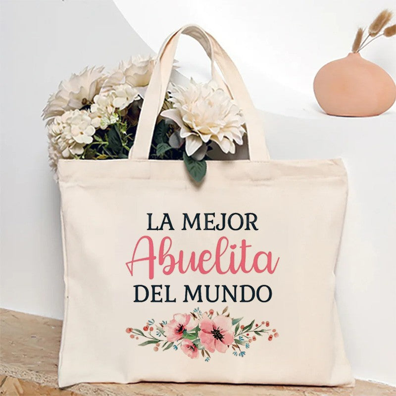 Spanish Abuela Quote Tote Bag Vibrant Shoulder Handbag with Heart Ribbon Design Perfect for Mother’s Day & Grandma Appreciation